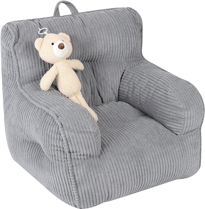 Kids Bean Bag Chair with a Plush Bear, Comfy Toddler Chair for Boys and Girls, Grey