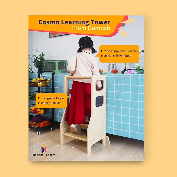 Damoch Family™ Child Standing Tower Kids Kitchen Step Stool Toddler Wooden Step Stool Adjustable Height Children Montessori Stool Patented Design (Natural)