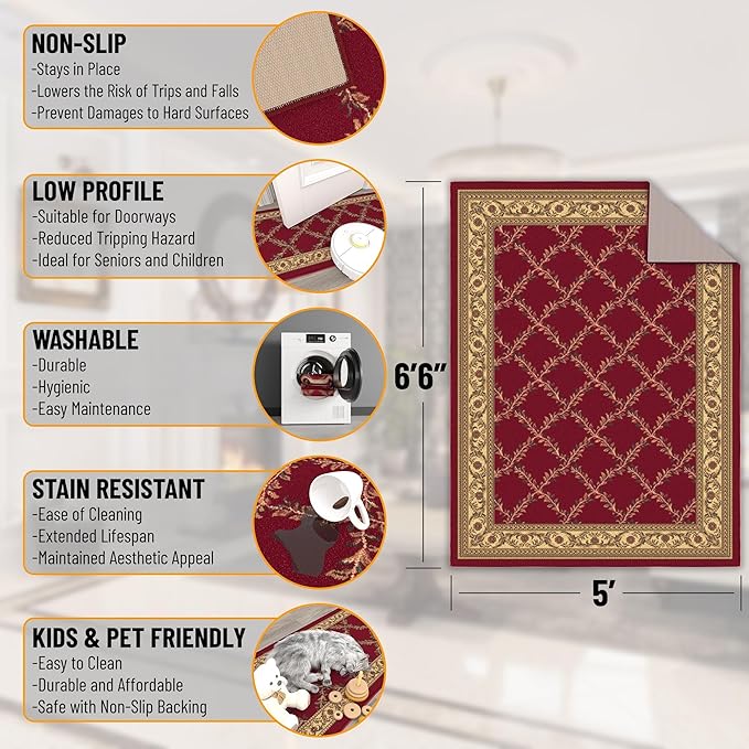Ottomanson Machine Washable Trellis Design Non-Slip Rubberback 5x7 Modern Area Rug for Living Room, Bedroom, Dining Room, Office, 5' x 6'6", Red Trellis