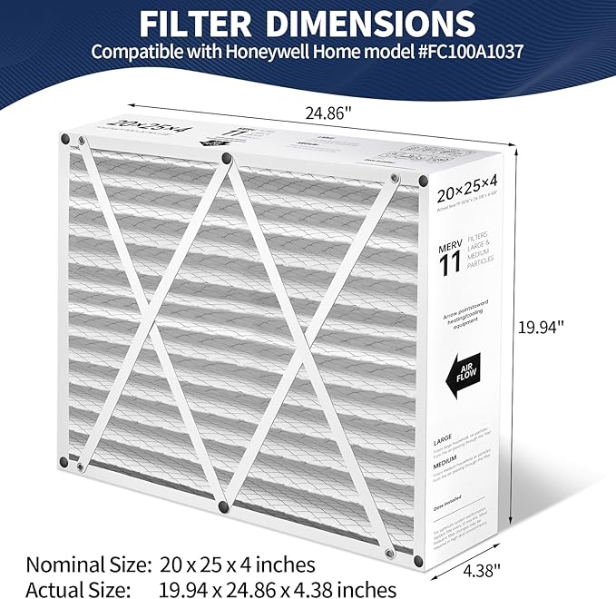 20x25x4 AC Furnace Air Filter Compatible with Honeywell FC100A1037, MERV 11 HAVC Filter Replacement, Actual Size:19.94"x24.86"x4.38", Pack of 2
