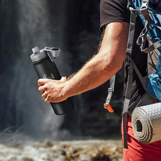 STOVER 25oz Insulated Water Bottle, Wide Mouth Double-Walled Stainless Steel- Vacuum Sealed, Leakproof, Durable, Slim Design Fits in Cup Holder- Flip Top Lid/Spout for Travel- Women/Men (Black)