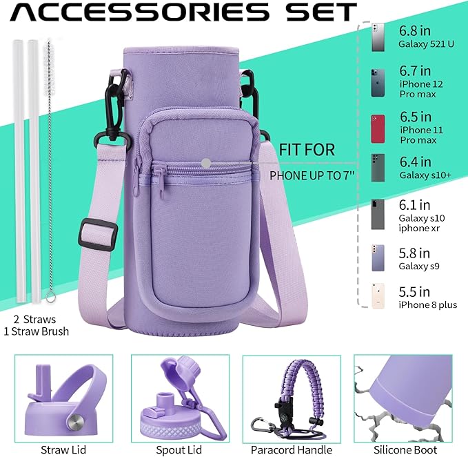 Insulated Water Bottle 32 oz - with Straw & Pop-up Spout Lid, Paracord Handle, Carrier Shoulder Strap, Protective Boot, Wide Mouth Double Walled Vacuum Insulated Gym Water Bottle for Women