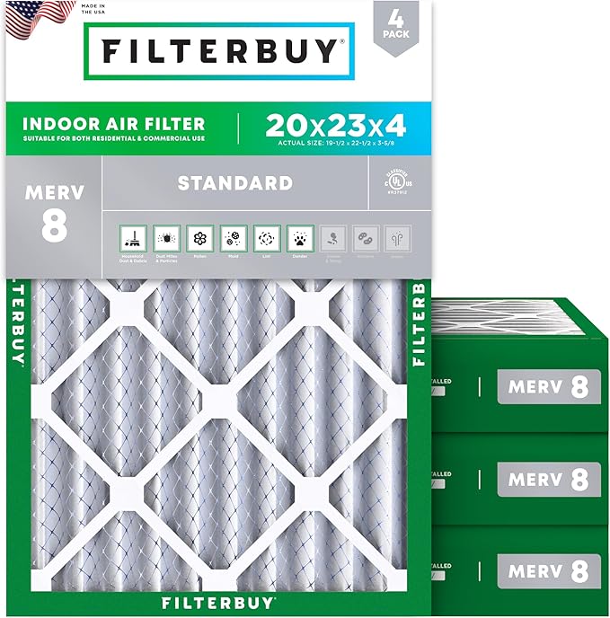 Filterbuy 20x23x4 Air Filter MERV 8 Dust Defense (4-Pack), Pleated HVAC AC Furnace Air Filters Replacement (Actual Size: 19.50 x 22.50 x 3.63 Inches)