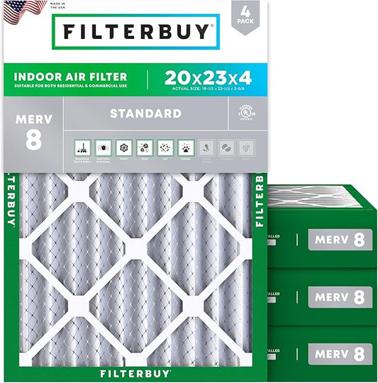 Filterbuy 20x23x4 Air Filter MERV 8 Dust Defense (4-Pack), Pleated HVAC AC Furnace Air Filters Replacement (Actual Size: 19.50 x 22.50 x 3.63 Inches)