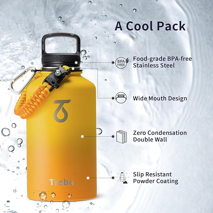 Trebo Half Gallon Water Bottle with Paracord Handle 64oz Wide Mouth Insulated Double Wall Stainless Steel Large Sports Flask Keep Hot 24 Hours & Cold 48 Hours Water Jug with 3 Lids, Orange