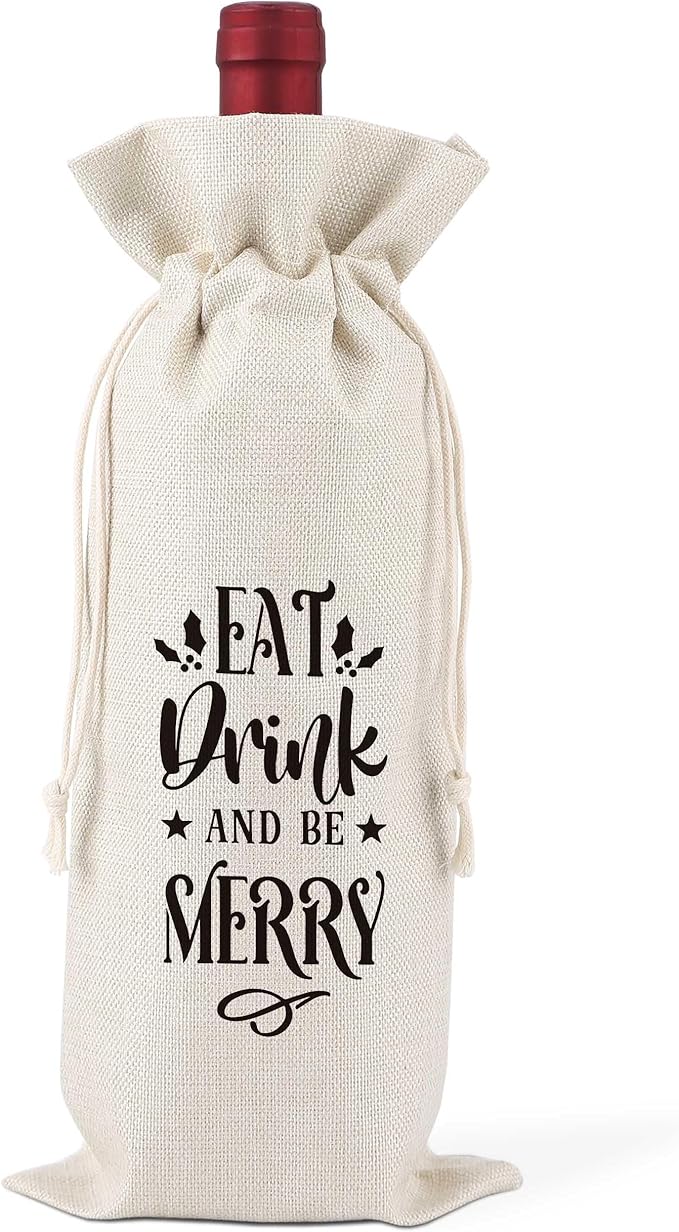 Eat Drink And Be Merry Wine Bag Gifts,Christmas Party Wine Bag,Party Favor Bag,Wine Bag Gift for Friends,Sisters,Besties,Colleagues,Family,Daughters,Sons,Reusable Wine Bag With Drawstring,L49