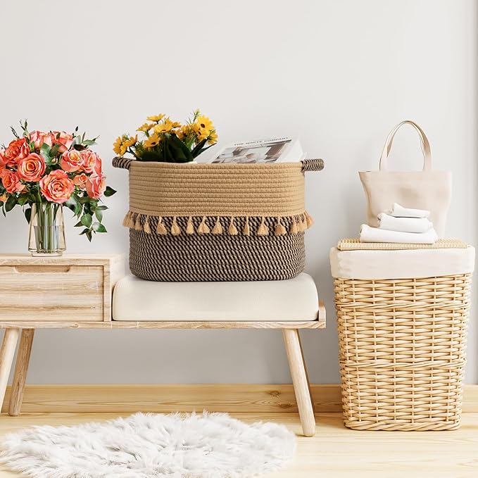 TeoKJ Set of 3 Baskets for Organizing, Decorative Rope Baskets for Storage, Storage Baskets for Pets, books, Pillows, Toys & Cloths, Black & Jute