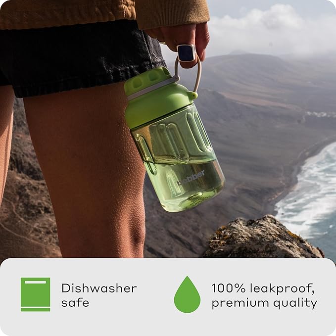 BOBBER 20 oz Tritan Water Bottle with Ice Strainer & Strap — BPA Free, Leak Proof & Dishwasher Safe Wide Mouth Hard Plastic Water Bottle — Stylish Plastic Water Bottles for Women, Men, Workout (Green)