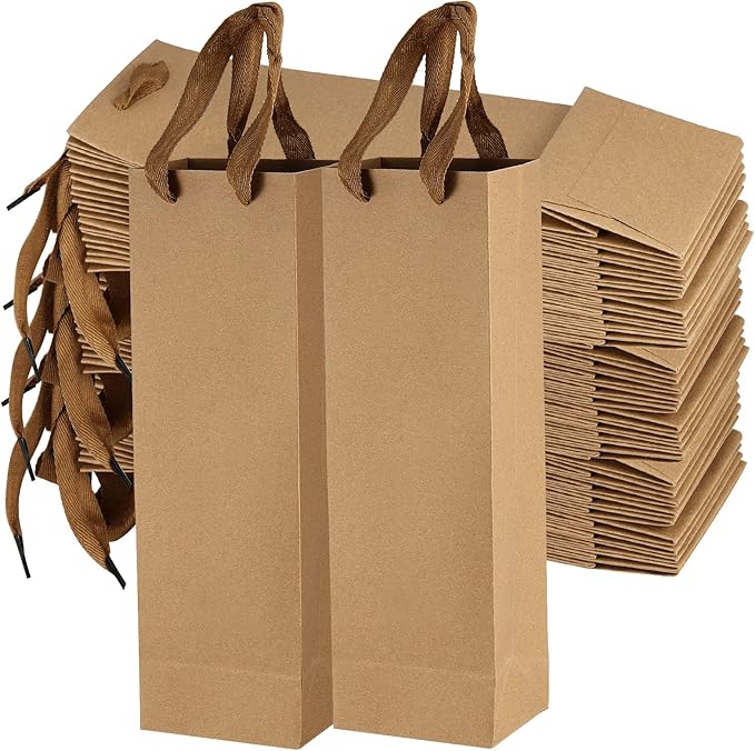 SINJEUN 50 Pack Kraft Paper Wine Gift Bags with Handles, 250gsm Reusable Wine Gift Bottle Carrying Bags Tote Holders for Champagne, Whiskey, Spirits, Extra Strong Laminated Base, 14 x 4 x 3.5 Inch