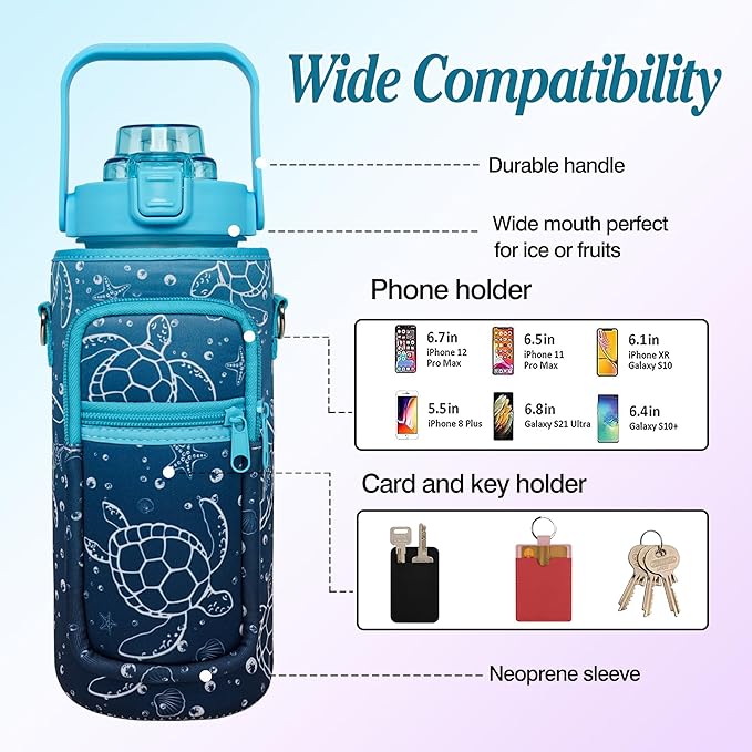 Sea Turtle Half Gallon Water Bottle with Sleeve Water Bottle 64 Oz Water Bottle with Time Marker, Leakproof-Free Drinking Water Bottle, Sports Turtle Water Bottle Half Gallon Water Jugs