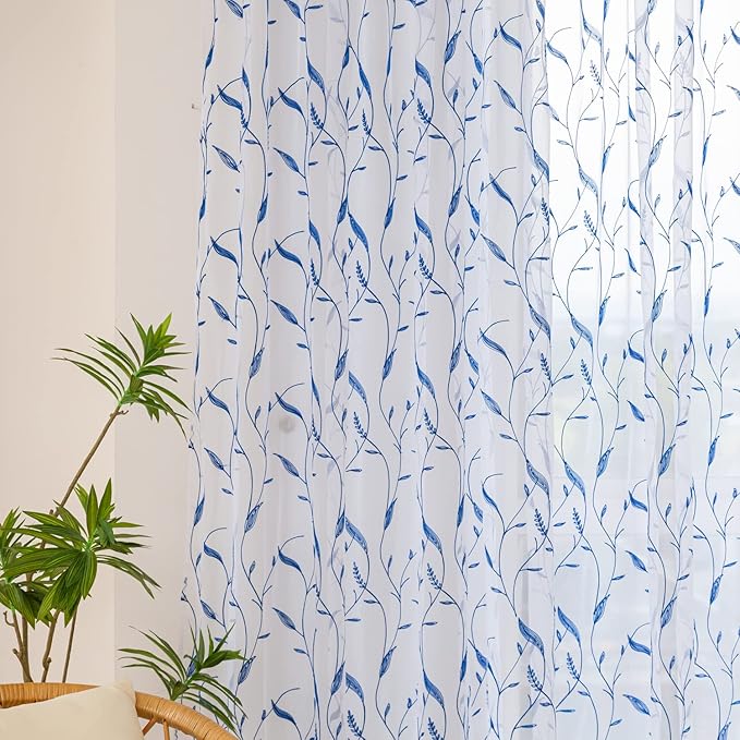 Windows Sheer Curtains Embroider Blue Leaf 72 Inches Length 2 Panels Voile Light Filtering Sheer Curtains Panel Basic Rod Pocket for Bedroom Living Room Children Room