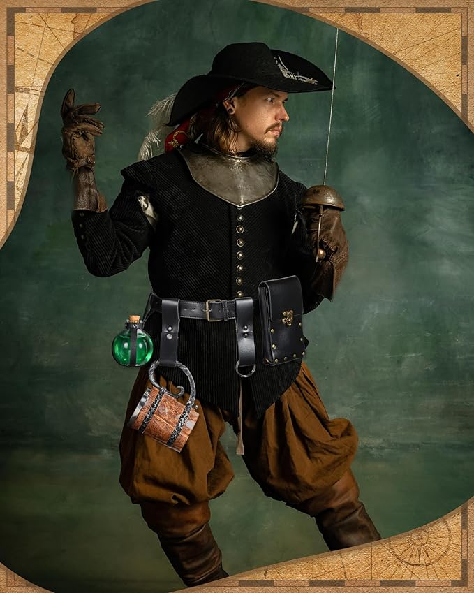 Sweetude 5 Pcs Renaissance Cosplay Accessory Belt Pouch Waist Bag Medieval Skirt Hike Vintage Mug Strap Festival Cork Potion Bottle Leather Belt for Halloween Party DIY Crafts Costume (Black)