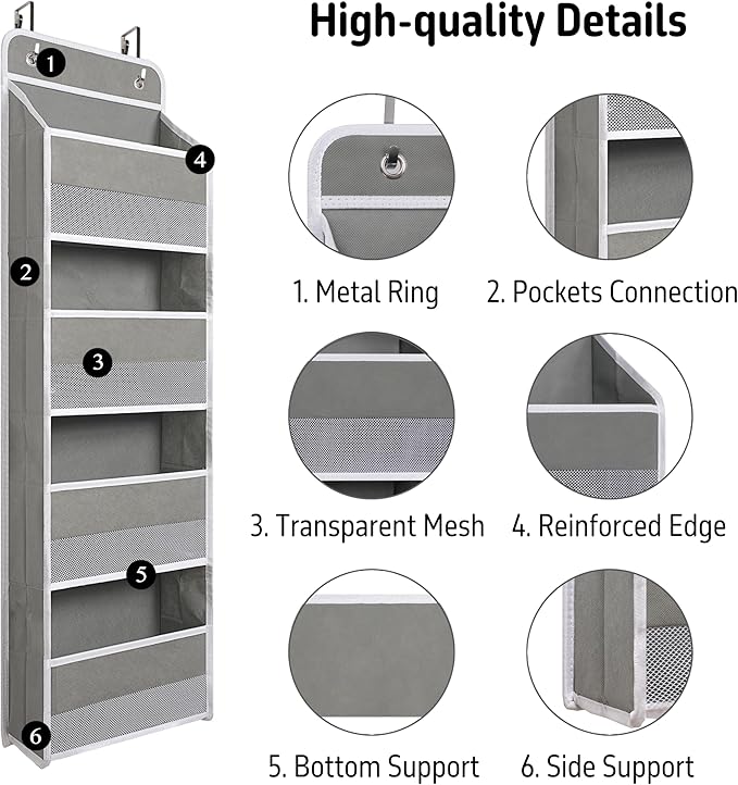 Heavy Duty Over Door Organizer, Hanging Organizer Storage with 4 Large Capacity Pockets, Closet Bathroom Nursery Bedroom Dorm, Toys Cosmetics Sundries and Baby Essentials, Gray