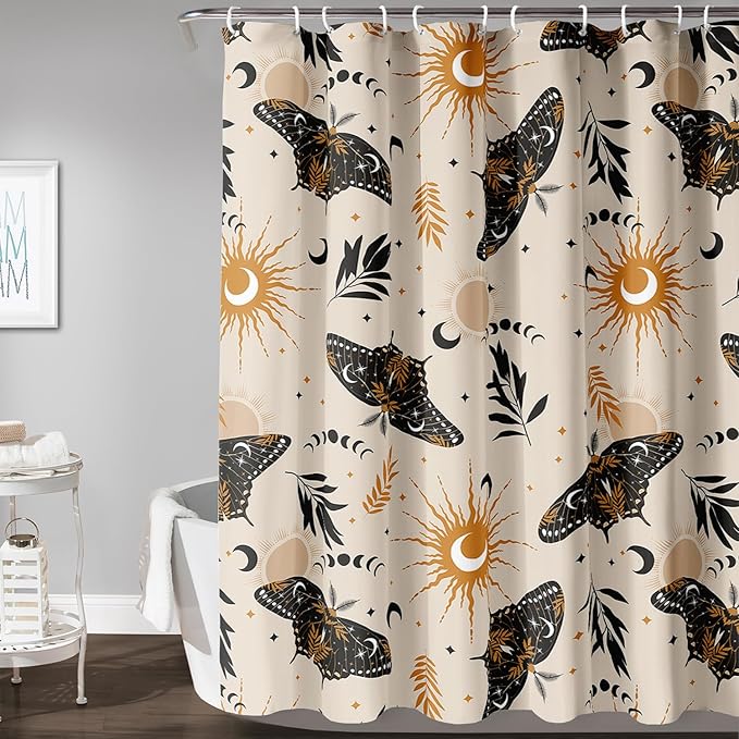 AILONEN Moth Shower Curtain,Sun and Moon Death Moth Bath Curtain for Bathroom Decor,Polyester Waterproof with 12 Plastic Hooks 72" W*84" H