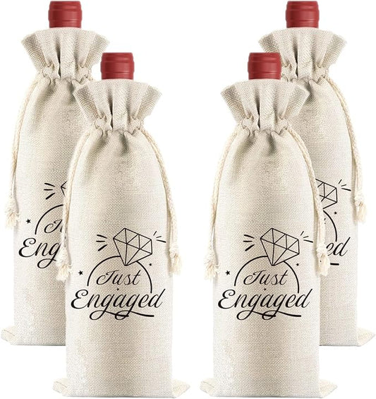 PLIGREAT 4 Pcs Cotton Linen Wine Bags, Reusable Wine Gift Bags with Drawstrings, Wine Bags for Wedding Engagement Party Bachelorette Party Congrats Gifts Bags Just Engaged Quote Wine Bottle Bags Bulk