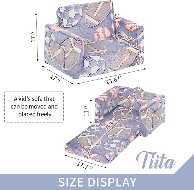 Tiita Kids Sofa, 2-in-1 Kids Sofa Chair, Convertible Children Couch to Lounger, Flip Out Kids Sofa Chair, Toddler Armrest Chair Bed, Folding Kids Play Sofa for Girl or Boy(Ball)