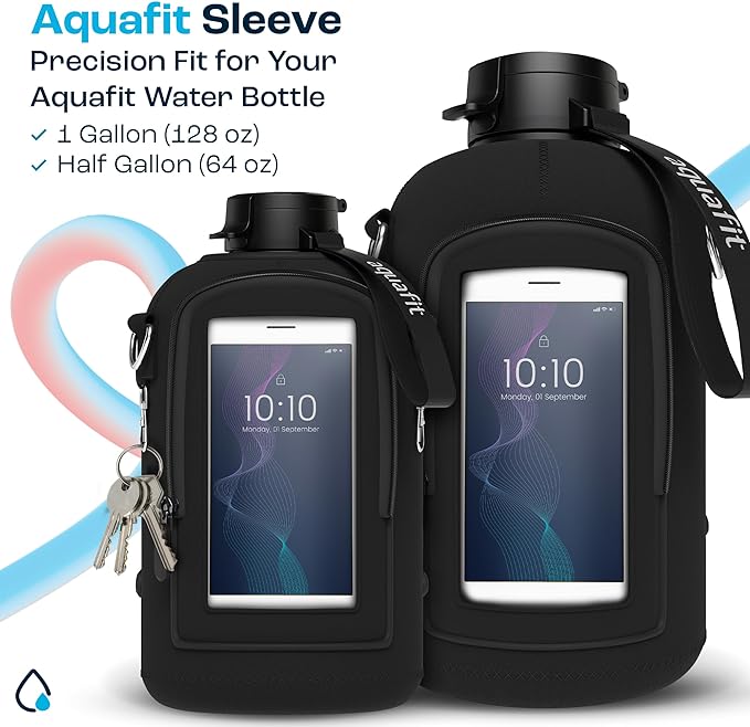 AQUAFIT 1 Gallon Jug Sleeve, Neoprene Water Bottle Bag with Adjustable Shoulder Strap and Pocket, 128 oz Water Bottle Sling Bag, Water Bottle Carrier Bag (Sleeve Only - No Bottle, Black)
