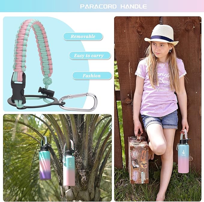 Farsea Insulated Water Bottle with Straw Lid & Spout Lid & Paracord Handle, Stainless Steel Water Bottle Wide Mouth, Double Wall Sweat-Proof BPA-Free, 40 oz, Gradient Blue + Pink