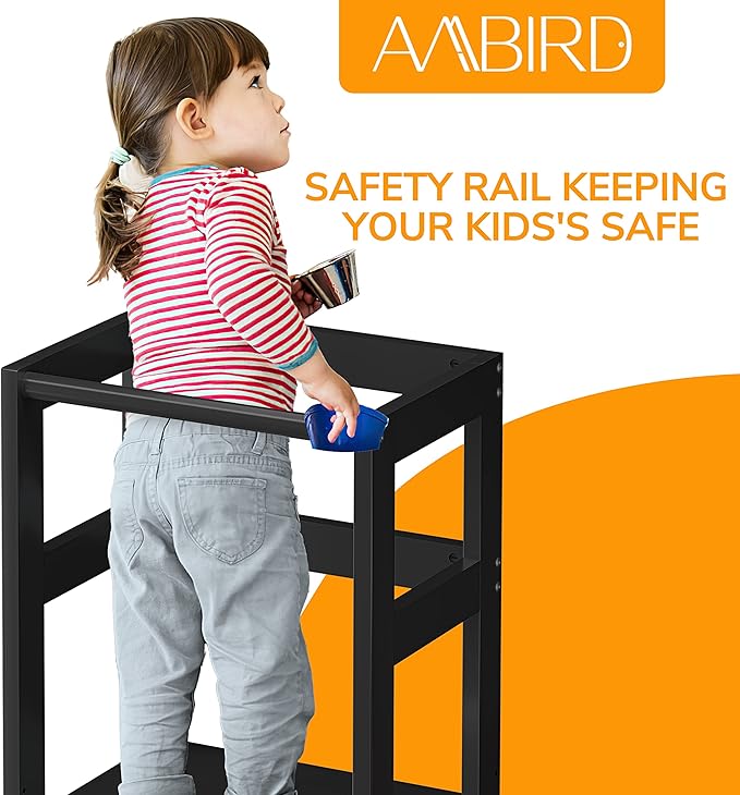 AMBIRD Toddler Step Stool, 3 Adjustable Height Kitchen Step Stool for 18-48 Months Kids, Wooden Toddler Kitchen Stool with Rail & Non-Slip Mat for Kitchen & Bathroom Sink (Black)