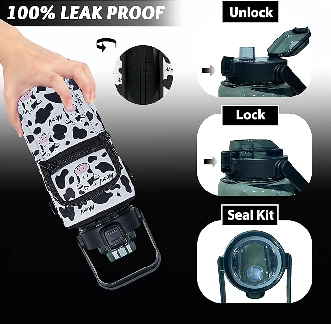 64 oz Water Bottle with Straw Sleeve & Strap Motivational Half Gallon Water Jug with Handle for Gym Women Men Aesthetic Water Bottle with Strap