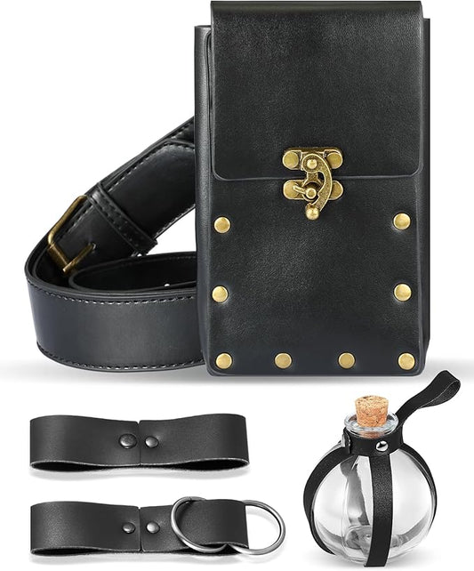 Sweetude 5 Pcs Renaissance Cosplay Accessory Belt Pouch Waist Bag Medieval Skirt Hike Vintage Mug Strap Festival Cork Potion Bottle Leather Belt for Halloween Party DIY Crafts Costume (Black)