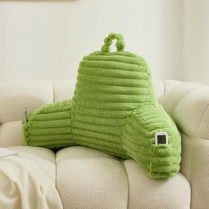 WERDIM Reading Pillow for Sitting in Bed, Faux Fur Back Pillow for Bed Rest, Bed Chair Pillow with Arms and Pockets(Large, Apple Green)