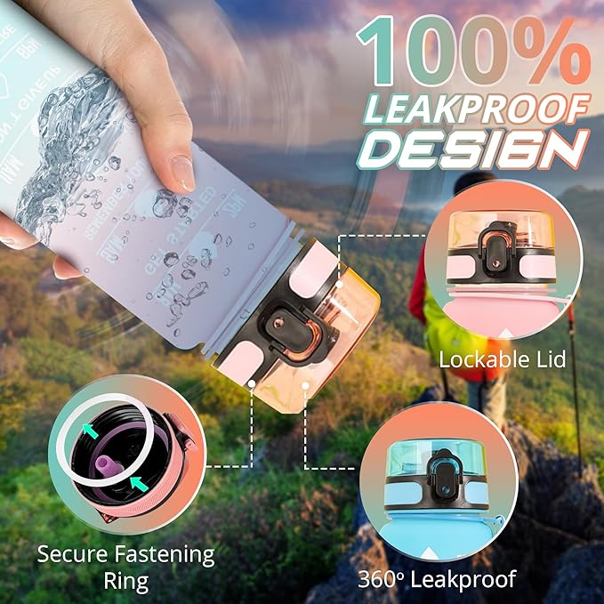 32 oz Water Bottle with Time Marker Leak-Proof & BPA Free Reusable Gym Water Bottle Easy to Carry Motivational Water Bottle for Fitness, Sports, Outdoor, Cycling, School & Office (Blue & Pink)