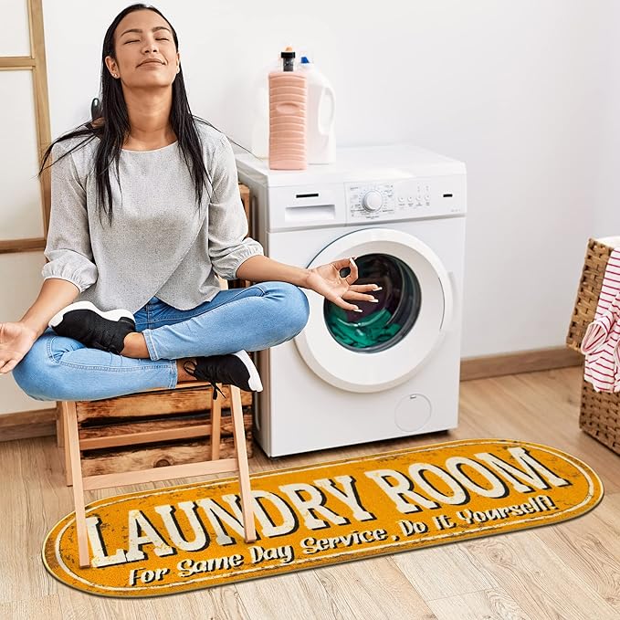 Ottomanson Laundry Collection Non-Slip Rubberback Laundry Text Design 2x5 Laundry Room Runner Rug, 20" x 59" Oval, Orange