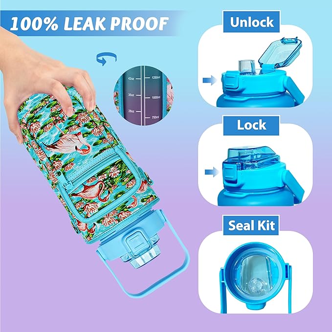 64 oz Water Bottle with Straw Sleeve & Strap Motivational Half Gallon Water Jug with Handle for Gym Women Men Aesthetic Water Bottle with Strap Flamingo