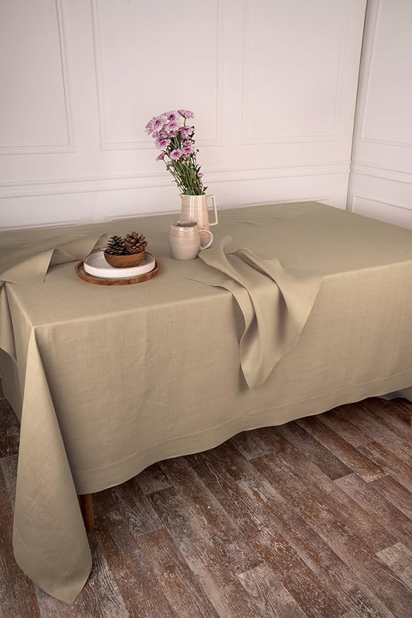 D'Moksha Homes Linen Tablecloth 54 x 72 Inch - 100% Pure Linen Champagne Beige Tablecloth - Machine Washable Dining Tablecloth for Rectangle Tables