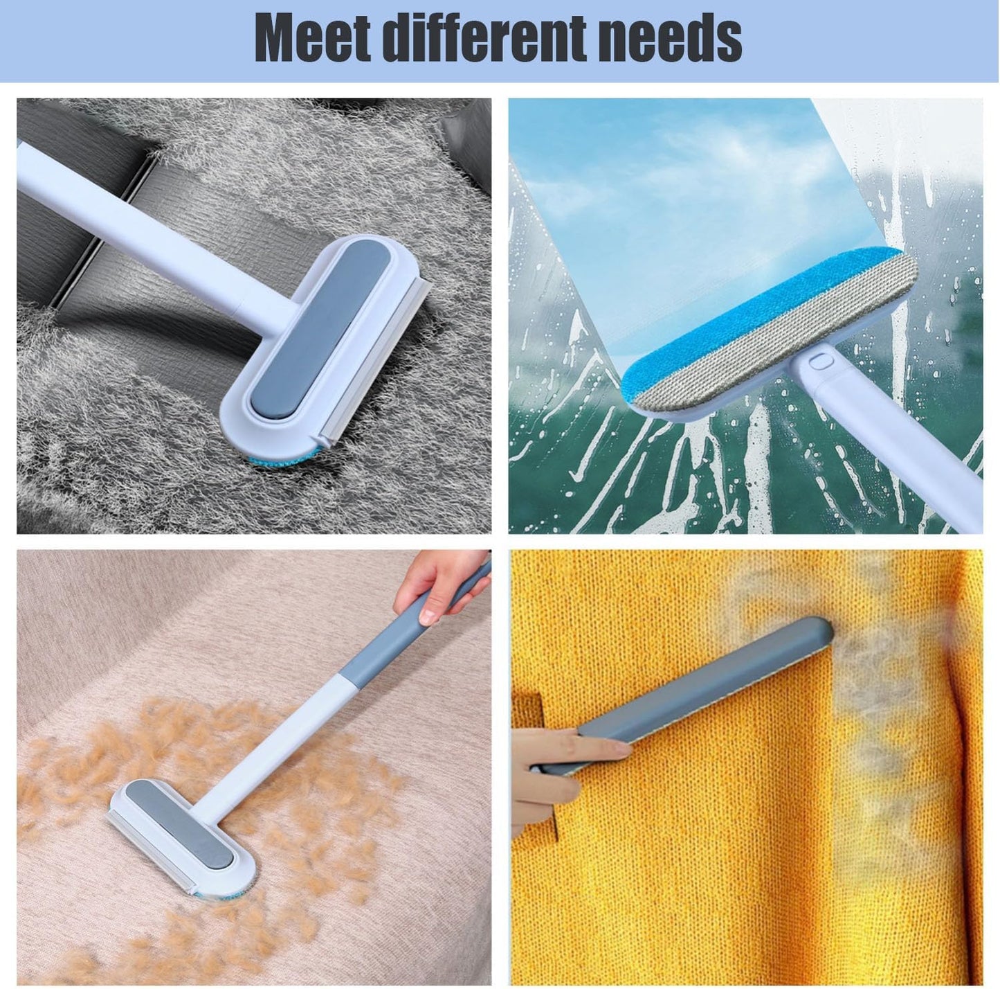 2 PCS Pet Hair Remover for Furniture,4 in 1 Reusable Lint Brush with 17-Inch Handle, Washable Tool for Dog and Cat Hair on Couches, Carpets, Clothes, Bedding, and Cars