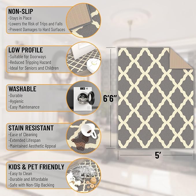 Ottomanson Glamour Collection Non-Slip Rubberback Moroccan Trellis Design 5x7 Indoor Area Rug, 5' x 6'6", Gray