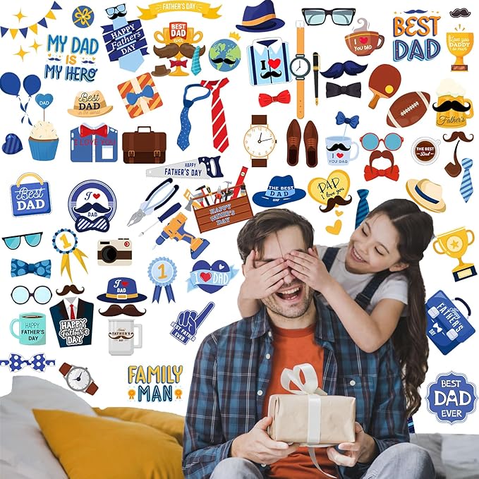 Father Dad Birthday Decoration Window Sticker 8 Sheet 84pcs Door PVC Static Film Sticker, Express Kids Love for Dad Decals Papa Birth Party Decoration for Home Room Car SUV Van Refrigerator