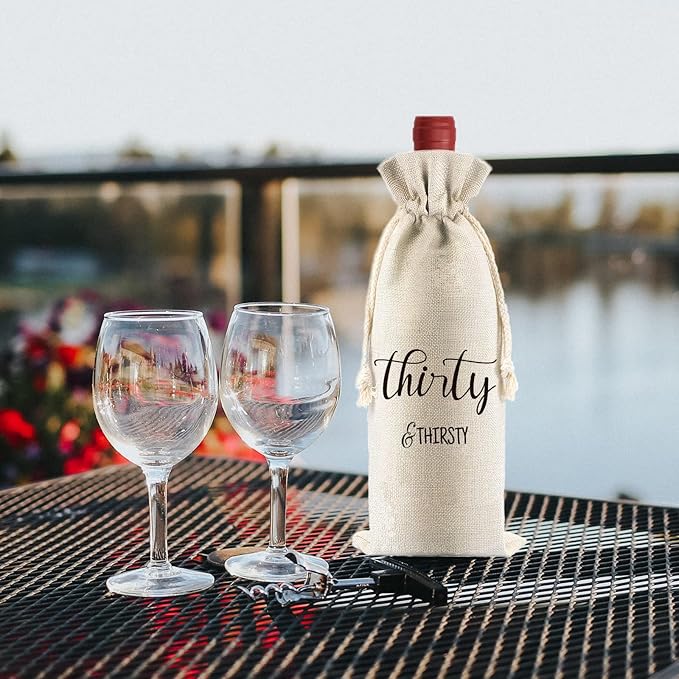 PLIGREAT 4 Pcs Cotton Linen Wine Bags, Reusable Wine Gift Bags with Drawstrings, Wine Bottle Wrap Bags Bulk Congrats Gifts Bags for 30th Birthday Party Thanksgiving Christmas Gifts Bags