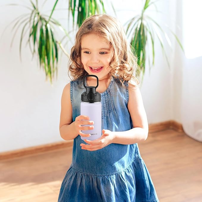 Kids Insulated Water Bottle with Straw,14oz Stainless Steel Water Bottle,BPA-free and Leak-proof,Double Wall Vacuum Water Flask for School,Gifts for Boys and Girls（14oz,Lavender）