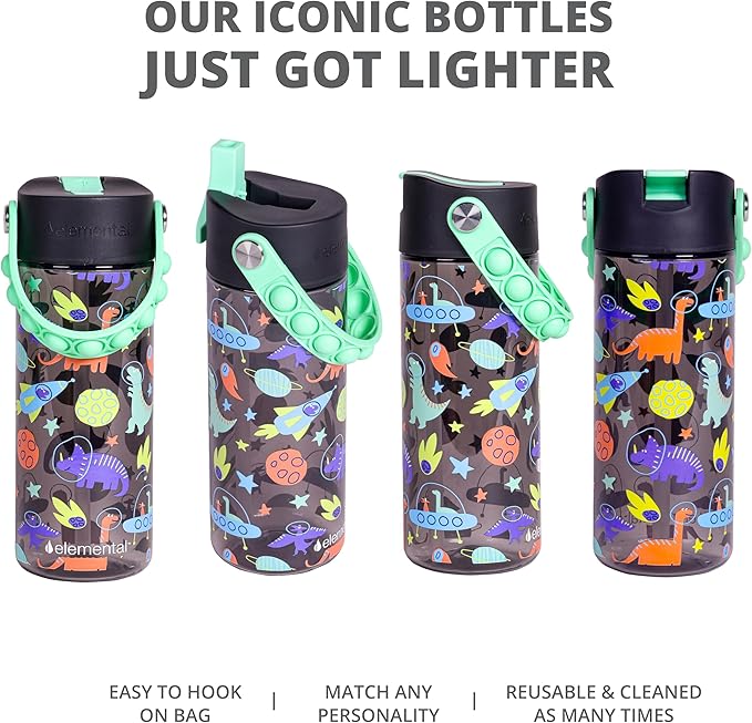 Elemental Leak Proof Water Bottles for Kids - Splash Kids Water Bottle for School with Fun Fidget Pop-it Handle - BPA Free Tritan Plastic Reusable Water Bottle with Straw - Space Dinosaur - 18oz