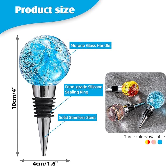 Murano Glass Wine Bottle Stopper with Blown Glass Art Deco Ball, Reusable Wine Stoppers for Beverage Saver Decorative Bottle Stoppers for Gifts, Bar, Holiday Party, Wedding, Pack of 1