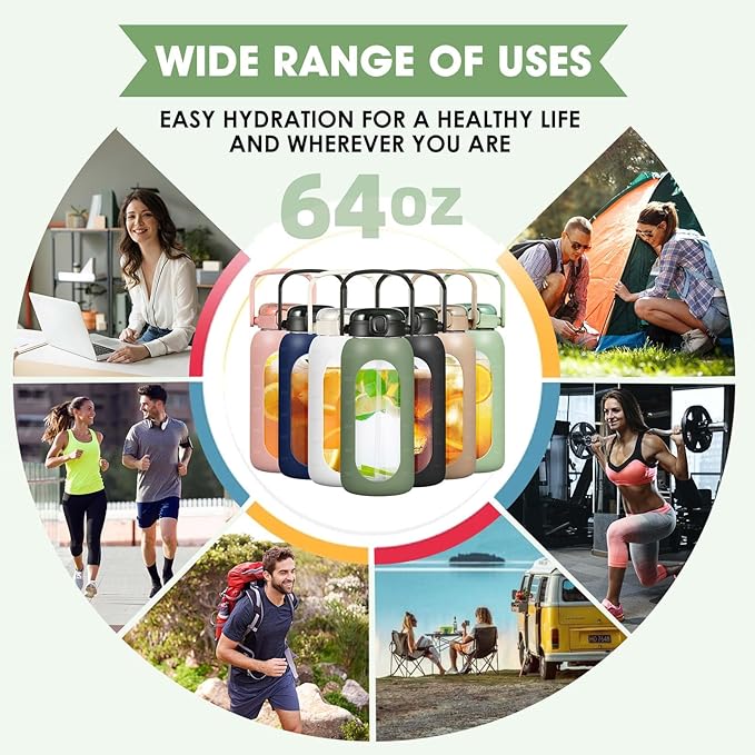 Glass Water Bottles 64 oz - Large Half Gallon Motivational Glass Water Bottle with Time Marker Straw Phone Holder Handle, 64oz Daily Water Intake Jug with Silicone Sleeve for Office Work Gym Olive