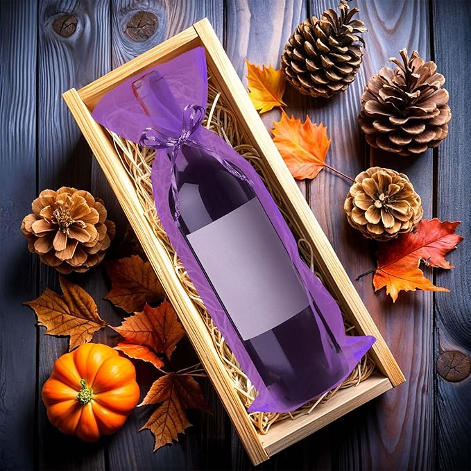 Megitzuu 20 Pieces Organza Wine Bags, 14.6 x 5.5 Inch Wine Gift Bag with Drawstring Sheer Mesh Wine Gift Pouches Bottle Covers for Halloween Christmas Wedding Party Favors (Black+Purple)