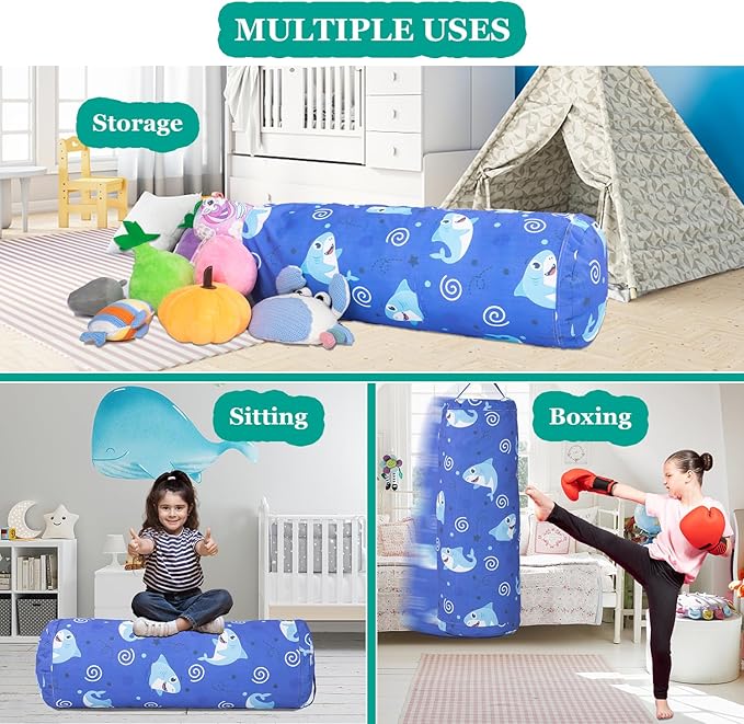 Stuffed Animal Bean Bag Storage Chair for Kids Cover Only (No Filler), Organize, Sit, Play & Boxing, 100% Cotton Canvas Washable, Ultra Soft Cylinder Long Vertical Zipper Best Gift for Child