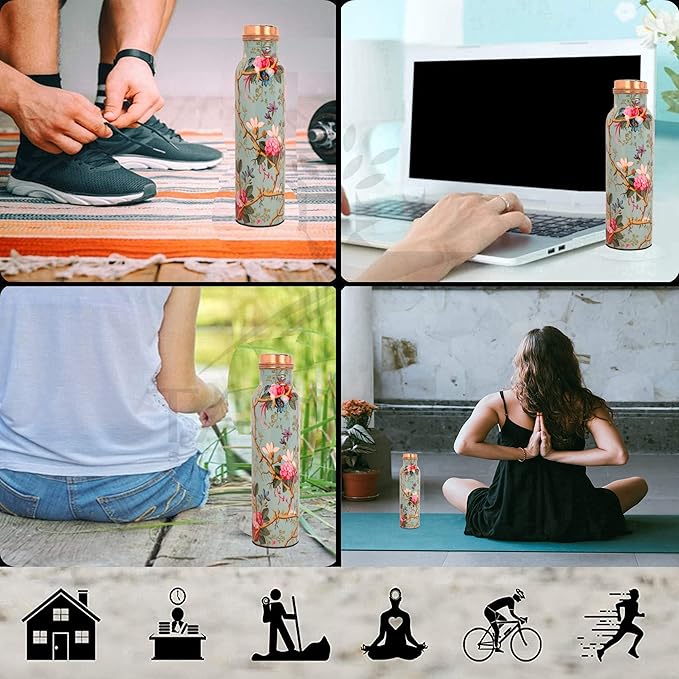 Pure Copper Water Bottle - Handcrafted - Ayurveda health benefits - Large 35 oz - Leak proof - Easy to carry for Sports, Fitness, Yoga, School - Sky Blue Base Floral Vines Colorful Enamel