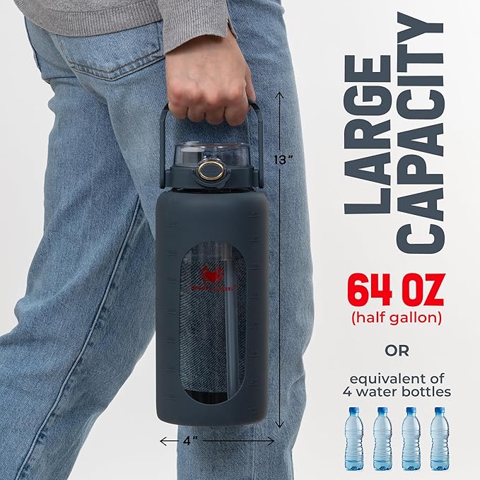 64oz Glass Water Bottle | Blue Water Bottle with Straw & Time Marker | Half Gallon Water Bottle with Measurements & Silicone Sleeve | Suitable for Travel, Gym, Sports & Daily Intake