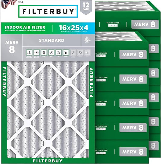 Filterbuy 16x25x4 Air Filter MERV 8 Dust Defense (12-Pack), Pleated HVAC AC Furnace Air Filters Replacement (Actual Size: 15.50 x 24.50 x 3.63 Inches)