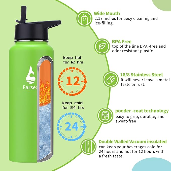 Farsea Insulated Water Bottle with Straw Lid & Spout Lid & Paracord Handle, Stainless Steel Water Bottle Wide Mouth, Double Wall Sweat-Proof BPA-Free, 40 oz, Green