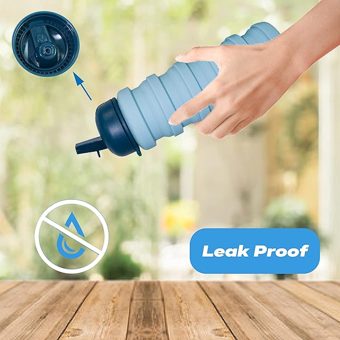 Collapsible Water Bottles, 16 oz 500ml Portable Foldable Water Bottles, Leak Proof Travel Water Bottle Reusable BPA Free Silicone Water Bottles for Travel Gym Camping Hiking (2 Pack Blu)