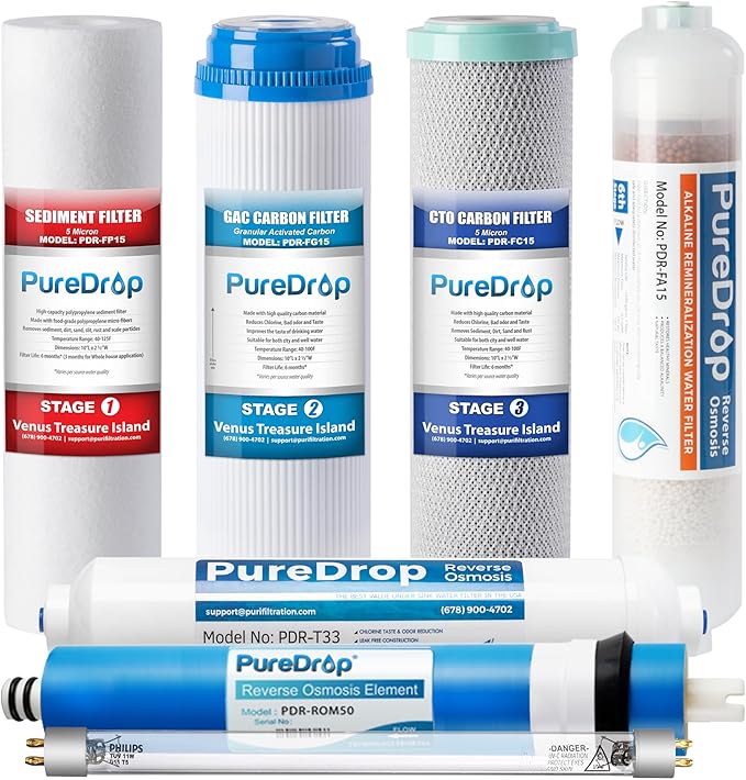 PDR-F7KU50 50 GPD Reverse Osmosis Water Filter Replacement Cartridges for RTW5AK-UV 7-Stage RO Water Filtration System with Alkaline Mineral & UV light Filter, 7 Pieces