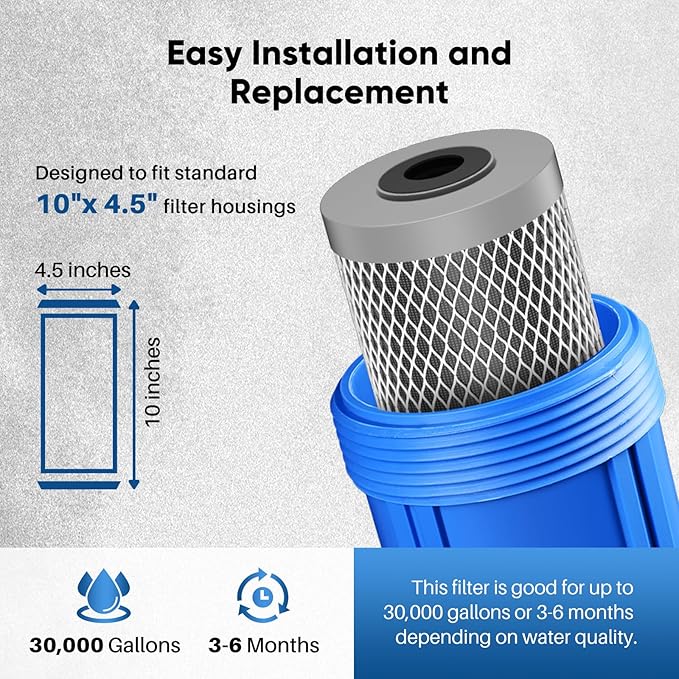 PUREPLUS 5 Micron 10" x 4.5" Whole House Lead Removal Water Filter, Enhanced Coconut Shell Activated Carbon Water Filter, Replacement Cartridge, CTO10BB-CQB, 2 PACK