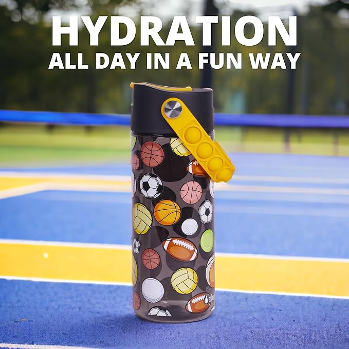 Elemental Leak Proof Water Bottles for Kids - Splash Kids Water Bottle for School with Fun Fidget Pop-it Handle - Tritan Plastic Water Bottle with Straw - Sports Ball & Construction - 18oz (2 Pack)