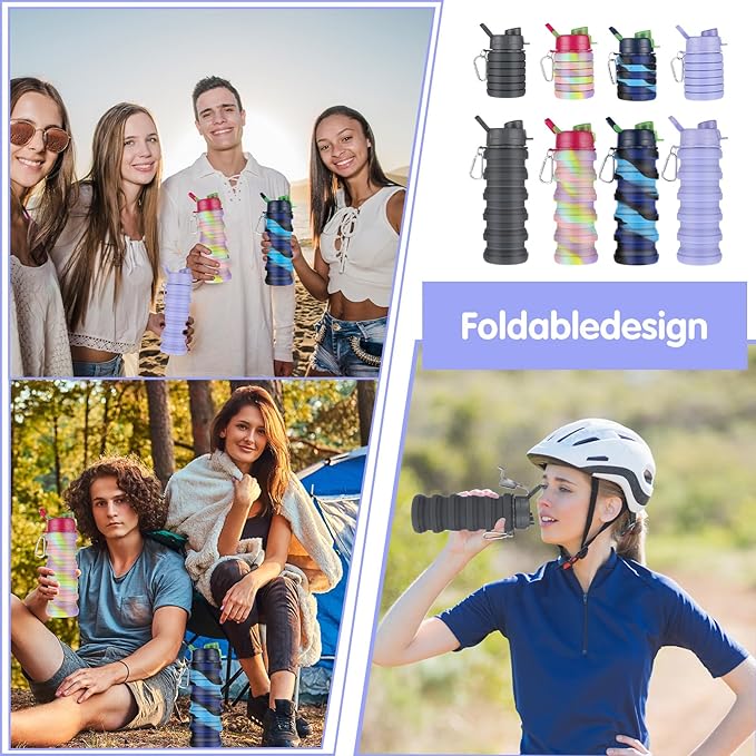 MAQUITA 4 Pcs Collapsible Water Bottles 16 oz Portable Foldable Water Bottles Silicone Leak Proof Travel Water Bottle Reusable Sports Water Bottle with Metal Clip for Camping Hiking Travel