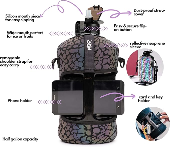 H2O Capsule 2.2L Half Gallon Water Bottle with Storage Sleeve and Covered Straw Lid – BPA Free Large Reusable Drink Container with Handle - Big Sports Jug, 2.2 Liter (74 Ounce)